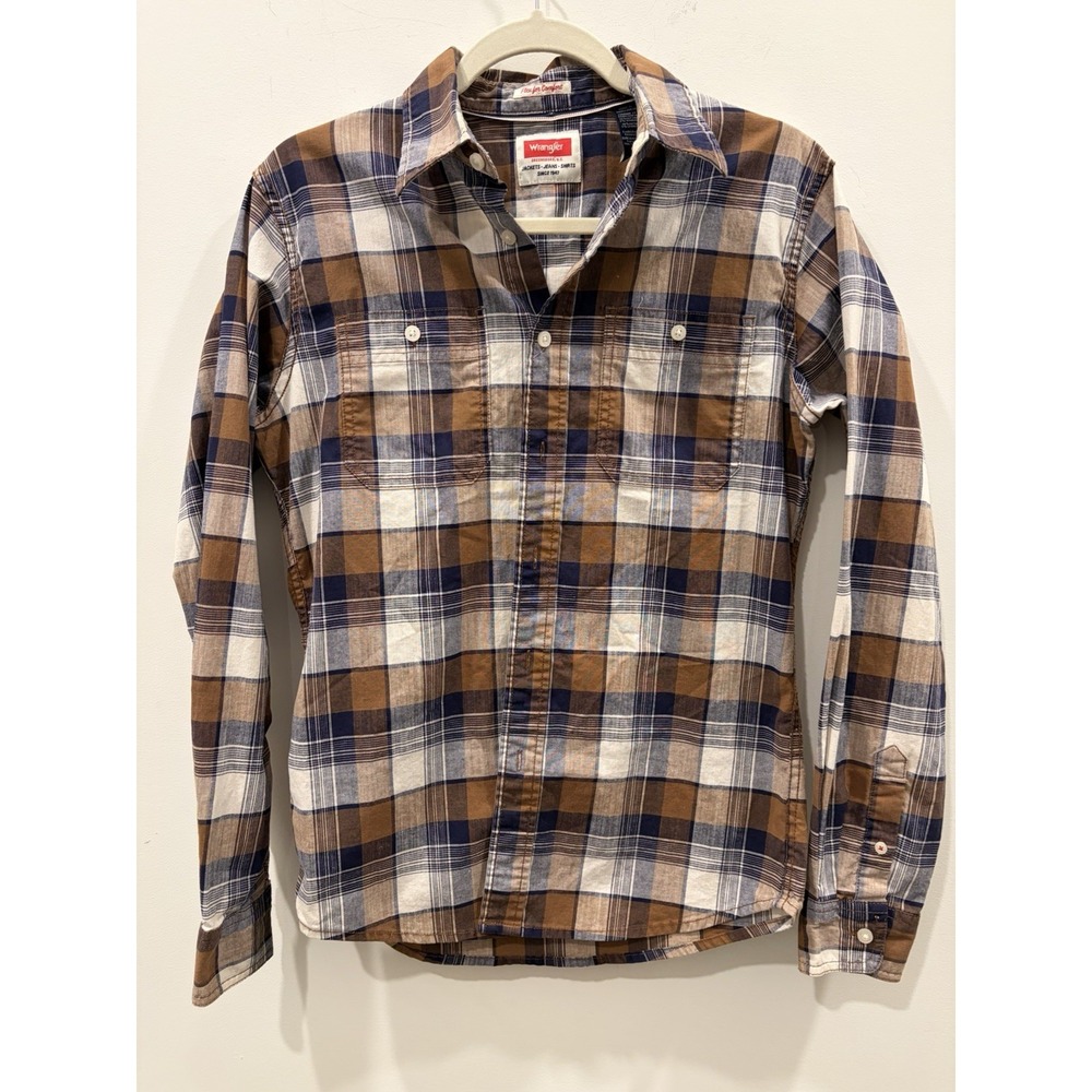 Wrangler western rodeo cowboy chore wear Men long sleeve button brown navy Sm